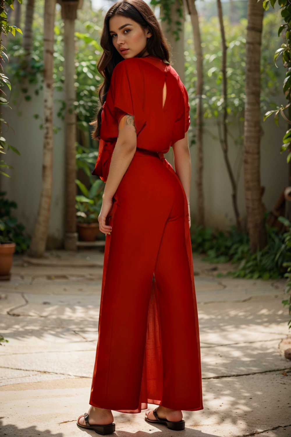 solid five point sleeve belted wide leg jumpsuit 108010