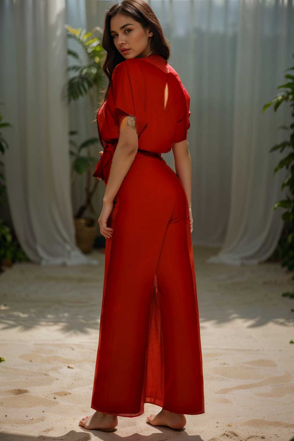solid five point sleeve belted wide leg jumpsuit 108009