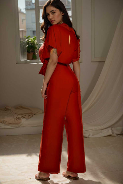 solid five point sleeve belted wide leg jumpsuit 108008