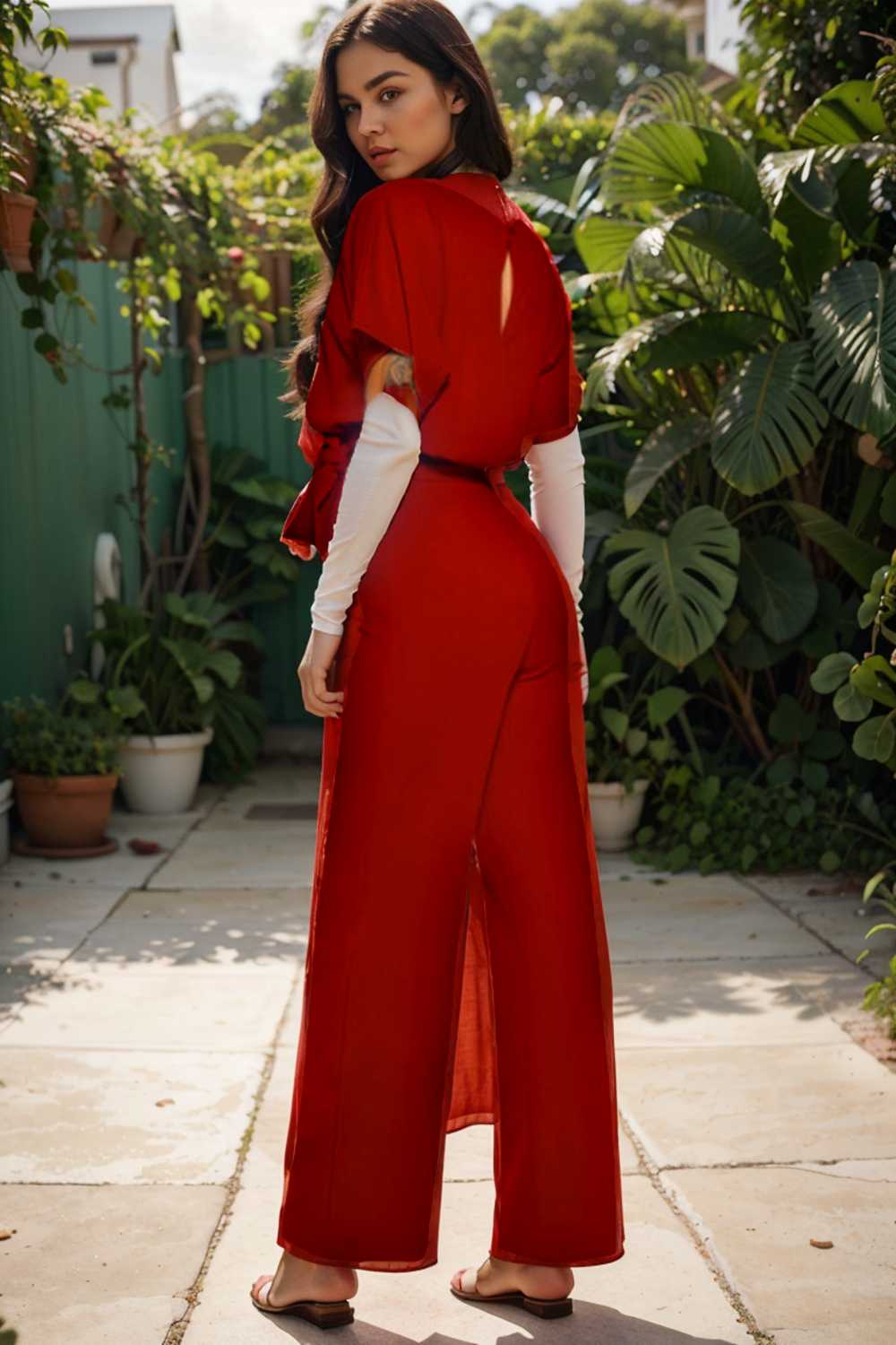 solid five point sleeve belted wide leg jumpsuit 108007