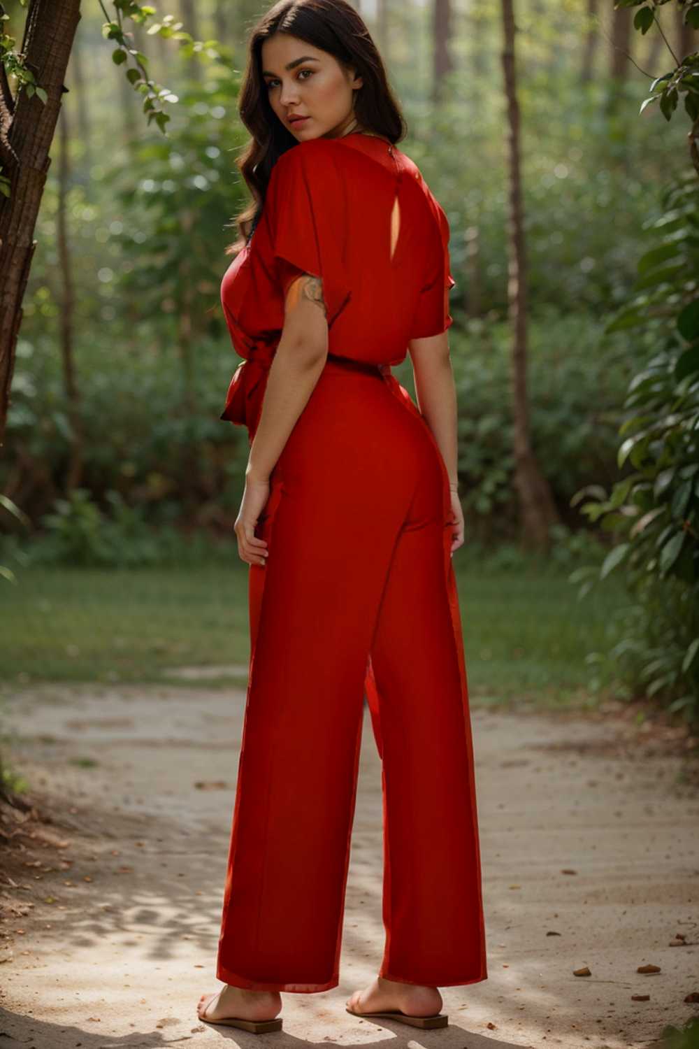 solid five point sleeve belted wide leg jumpsuit 108006