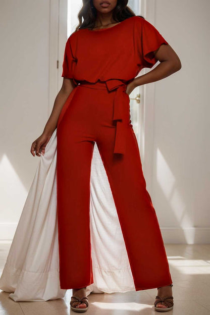 solid five point sleeve belted wide leg jumpsuit 108005