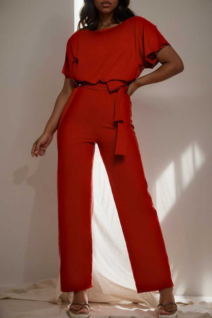 solid five point sleeve belted wide leg jumpsuit 107308
