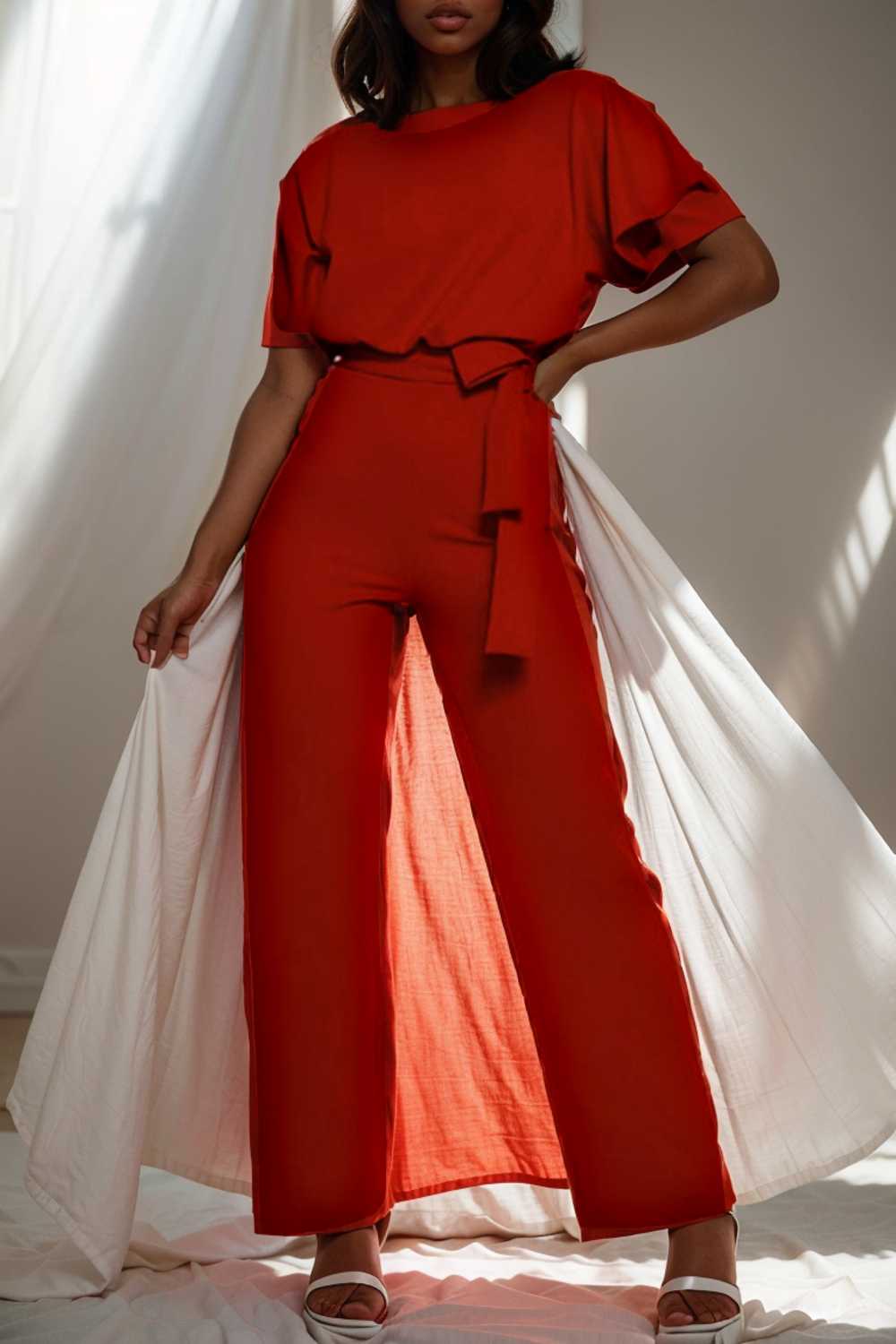 solid five point sleeve belted wide leg jumpsuit 108004