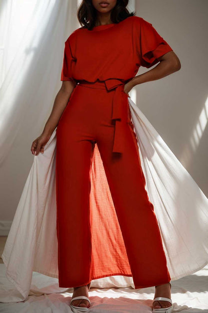 solid five point sleeve belted wide leg jumpsuit 108004