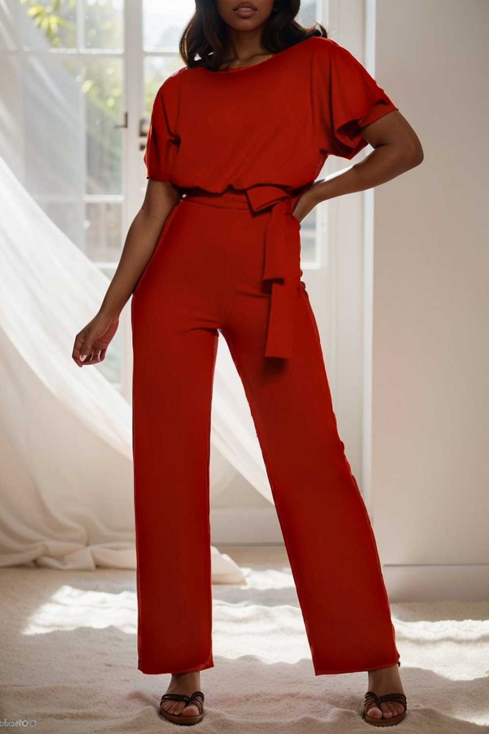 solid five point sleeve belted wide leg jumpsuit 108003