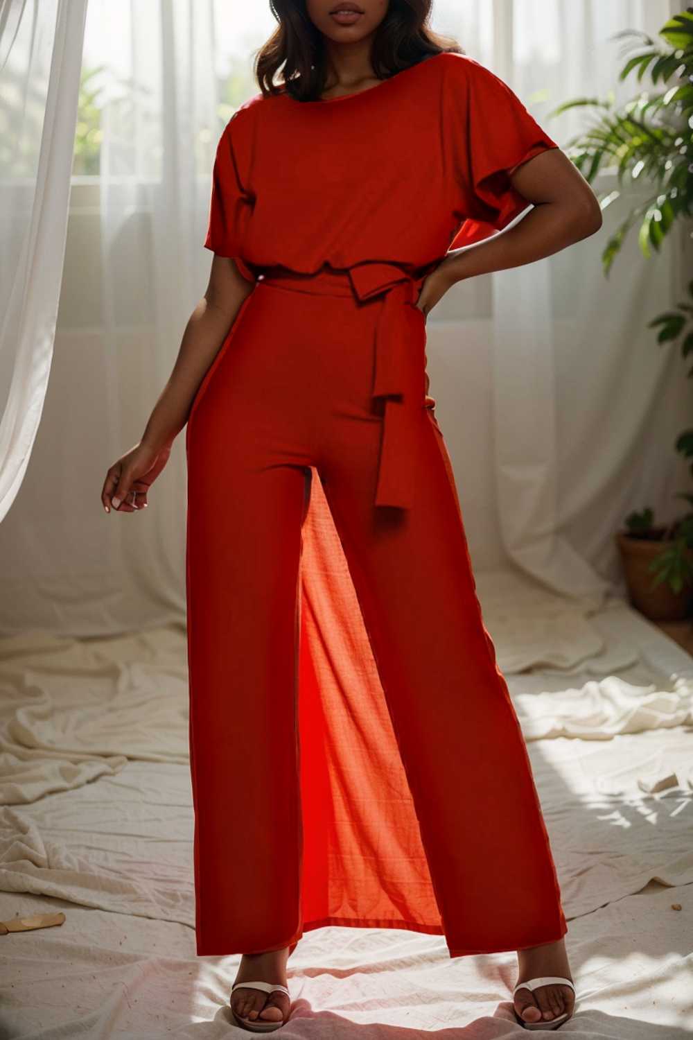 solid five point sleeve belted wide leg jumpsuit 108002