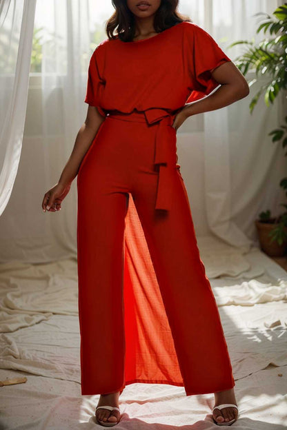 solid five point sleeve belted wide leg jumpsuit 108002