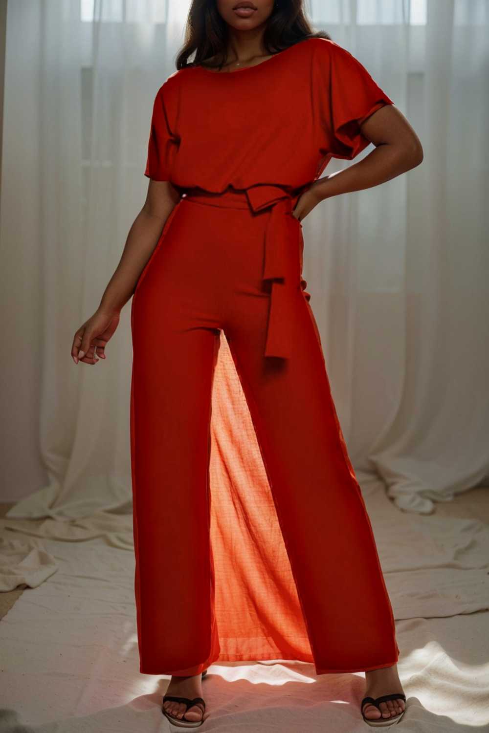 solid five point sleeve belted wide leg jumpsuit 108001