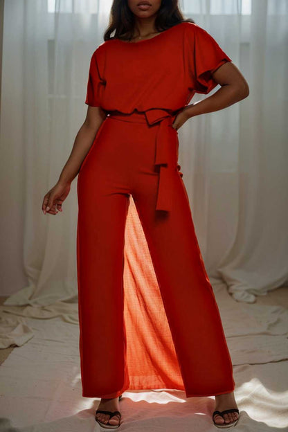 solid five point sleeve belted wide leg jumpsuit 108001