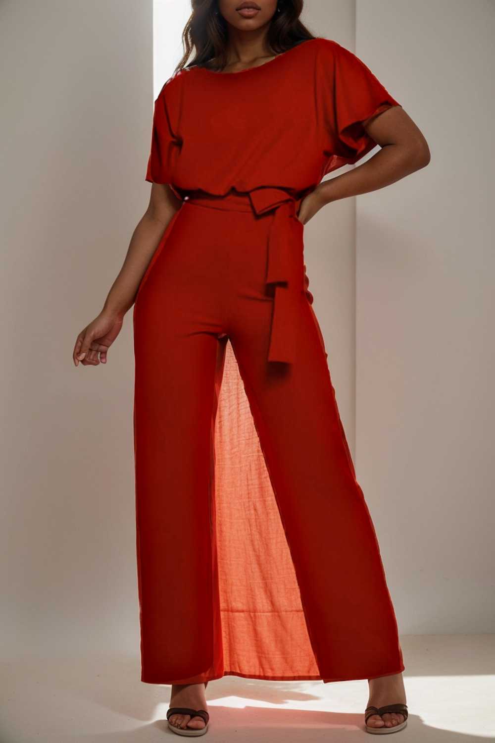 solid five point sleeve belted wide leg jumpsuit 107999