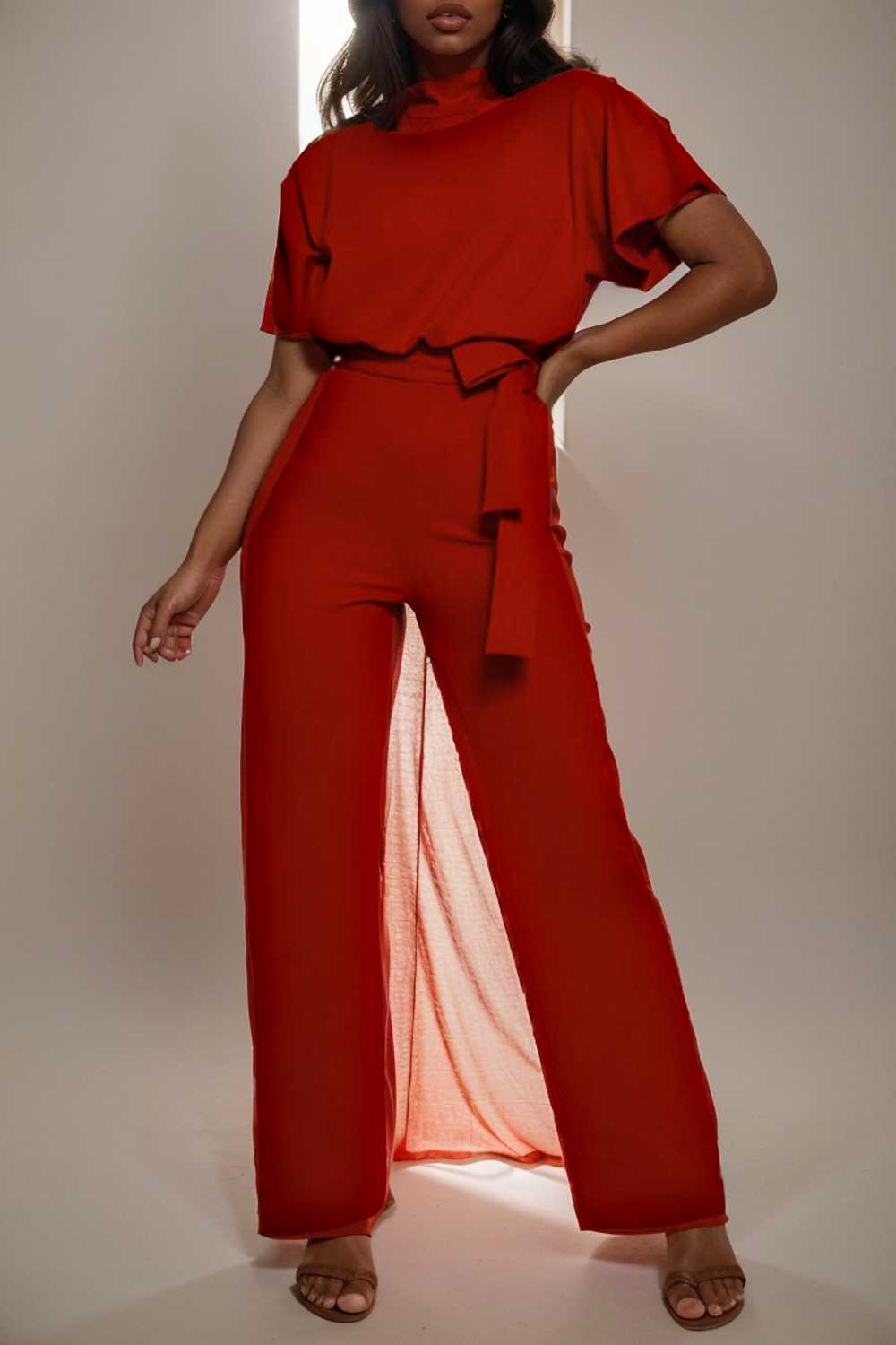 solid five point sleeve belted wide leg jumpsuit 107998