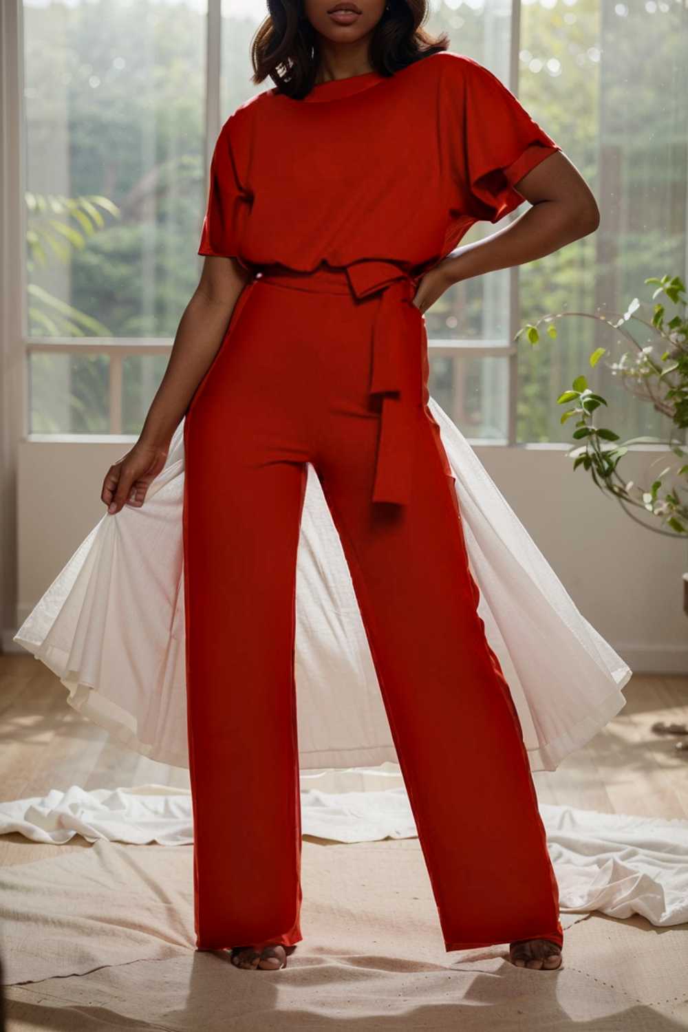 solid five point sleeve belted wide leg jumpsuit 107997