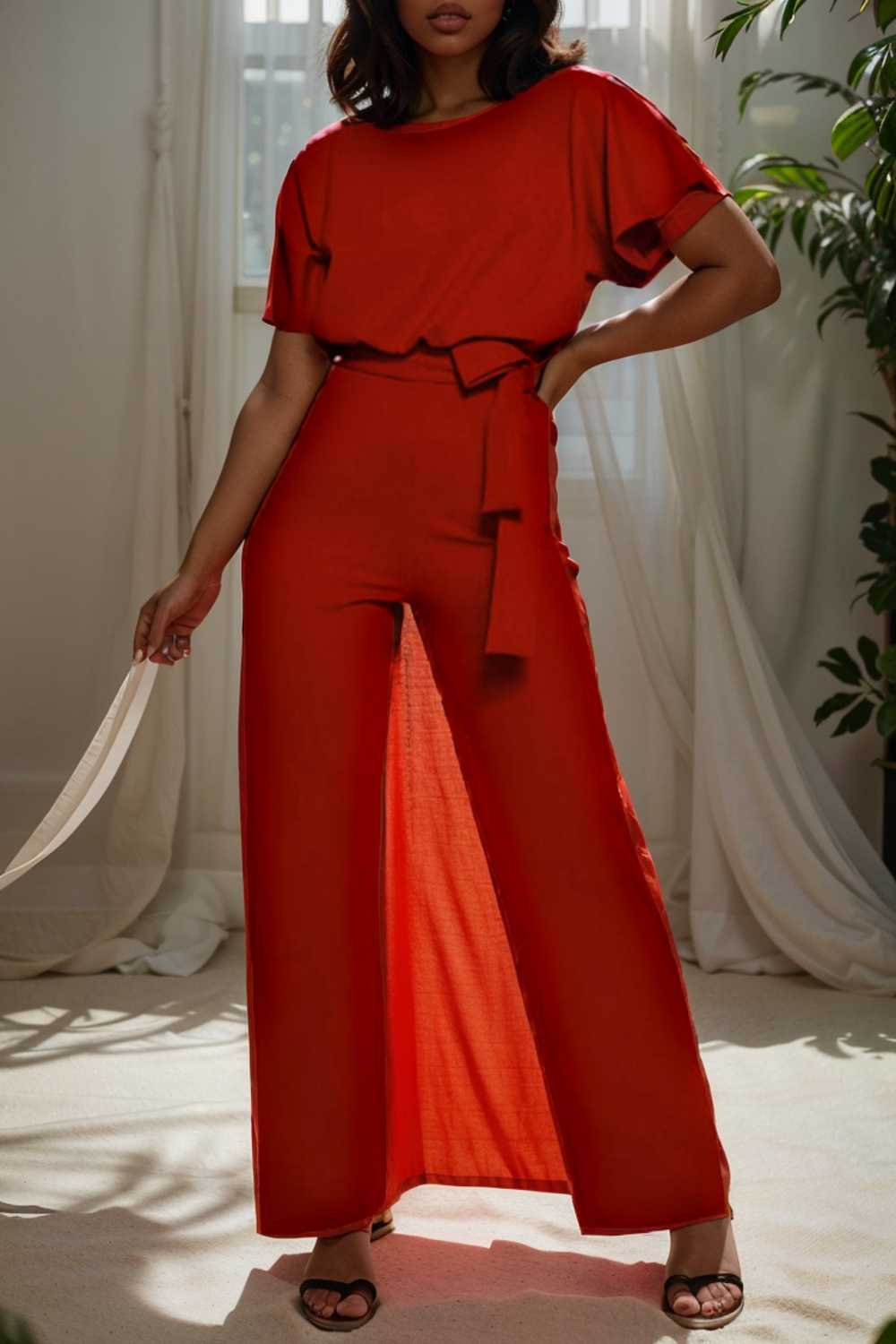 solid five point sleeve belted wide leg jumpsuit 107995