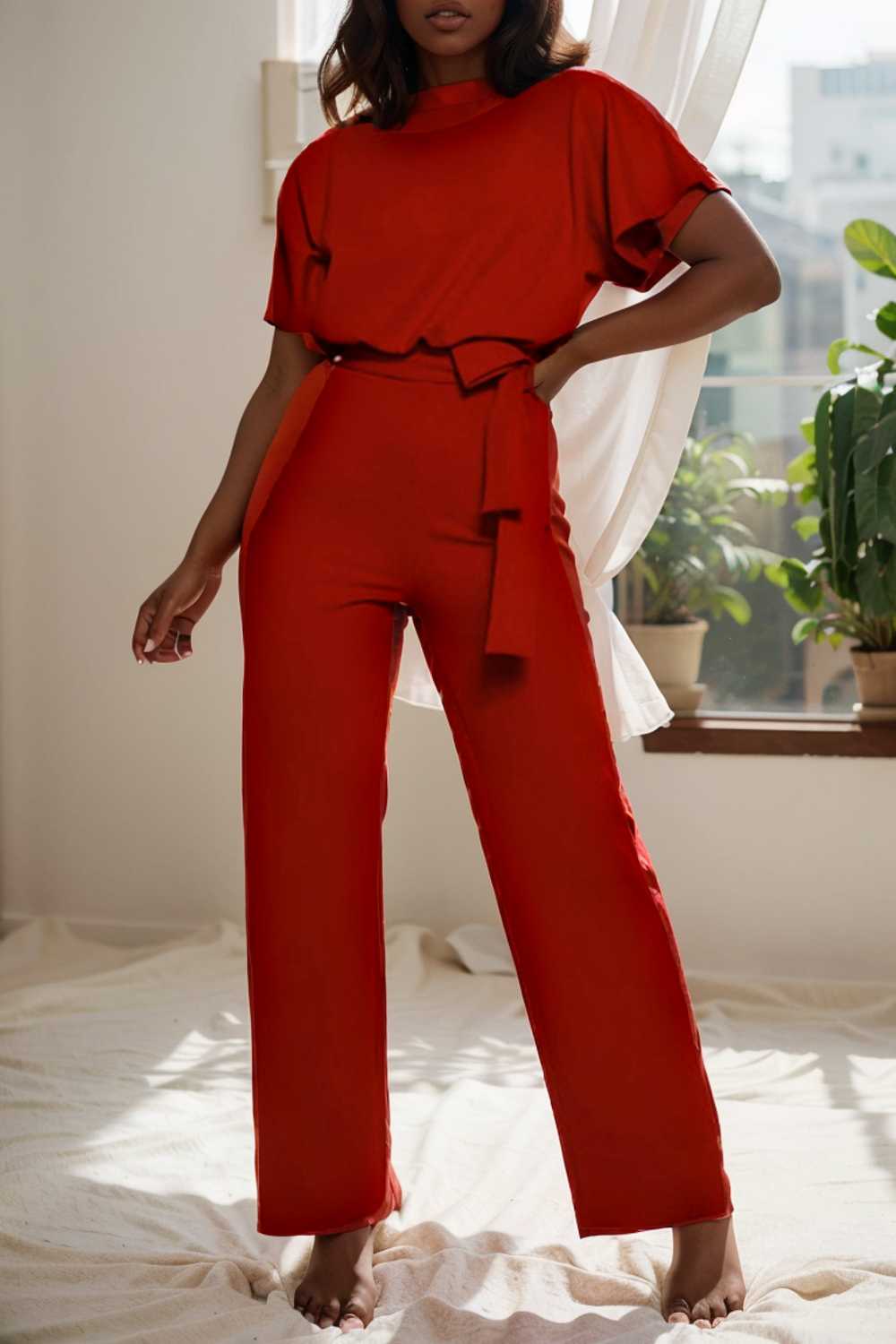solid five point sleeve belted wide leg jumpsuit 107993