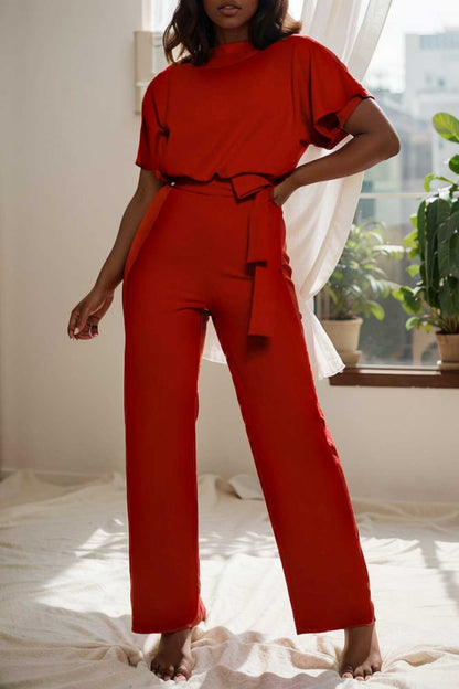 solid five point sleeve belted wide leg jumpsuit 107993