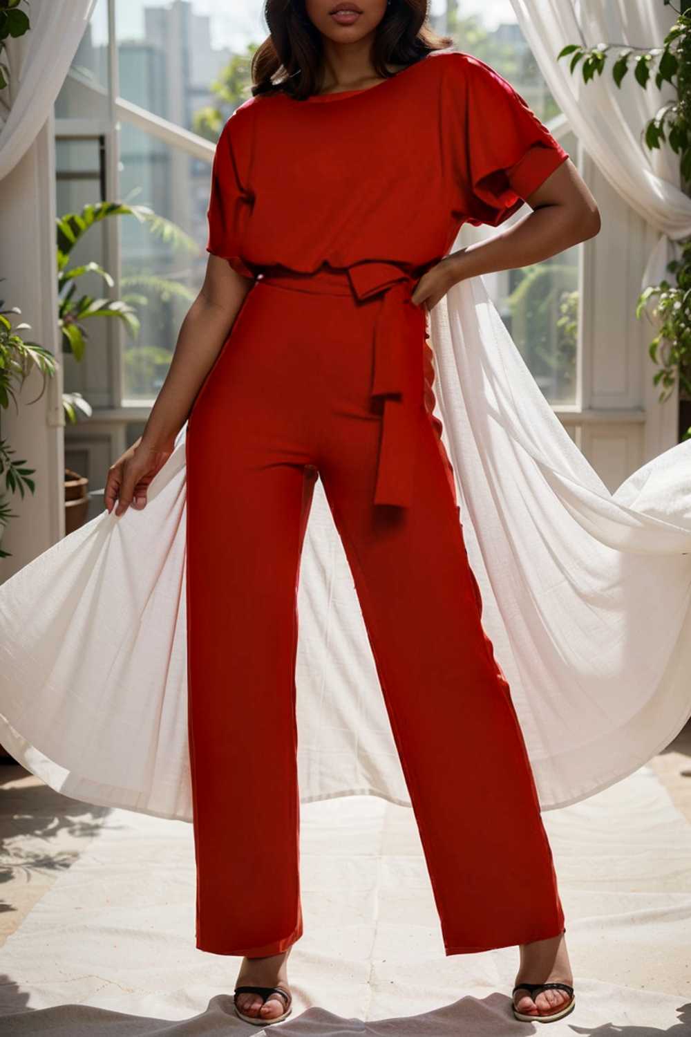 solid five point sleeve belted wide leg jumpsuit 107992