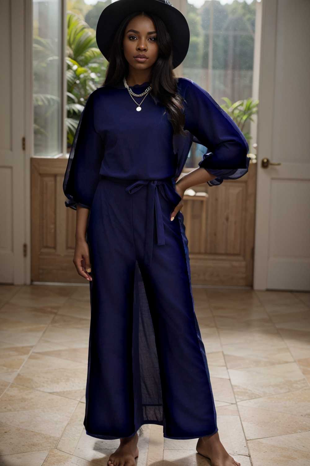 solid five point sleeve belted wide leg jumpsuit 107991