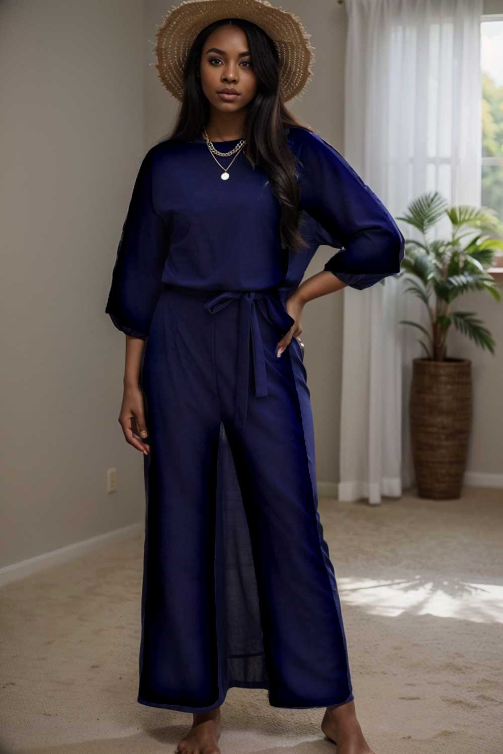 solid five point sleeve belted wide leg jumpsuit 107990