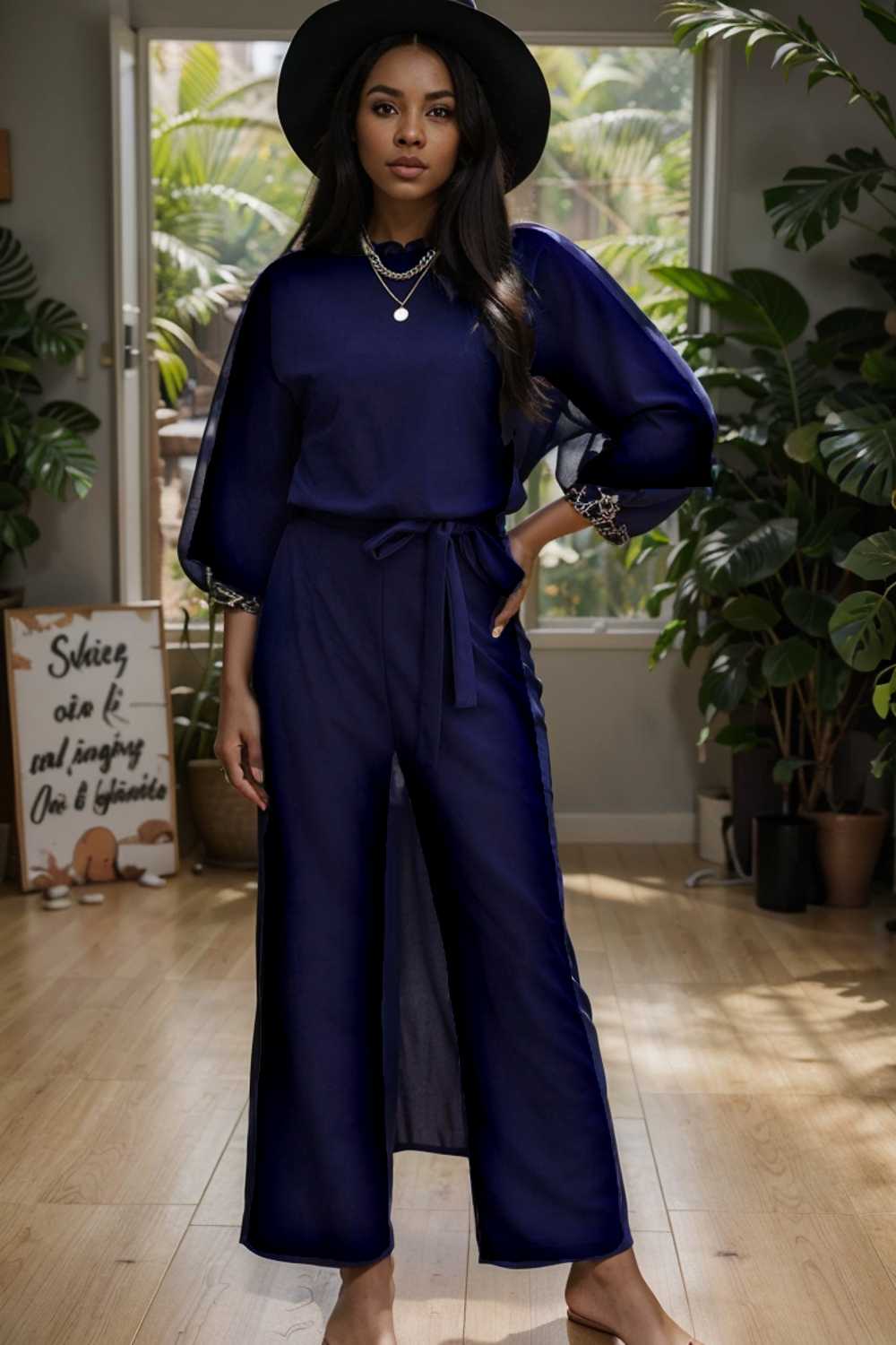 solid five point sleeve belted wide leg jumpsuit 107989