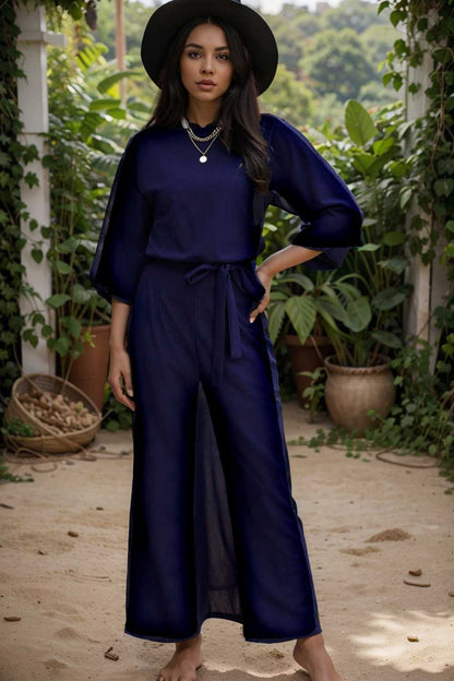 solid five point sleeve belted wide leg jumpsuit 107988