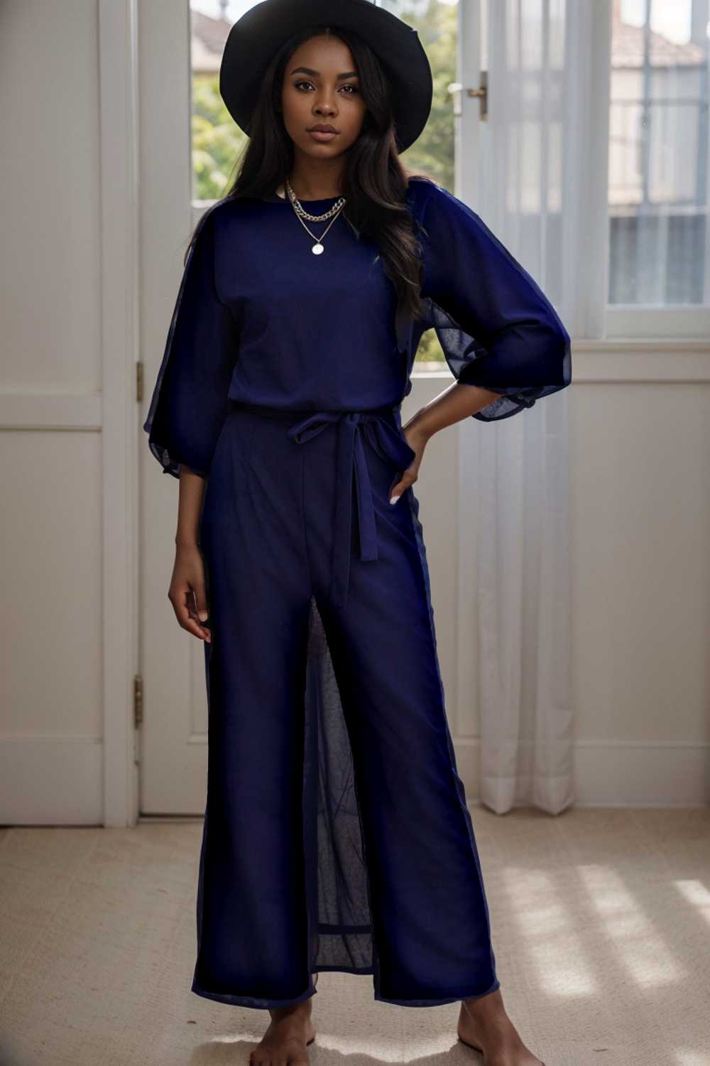 solid five point sleeve belted wide leg jumpsuit 107987
