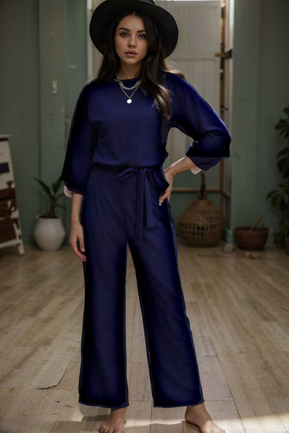solid five point sleeve belted wide leg jumpsuit 107986