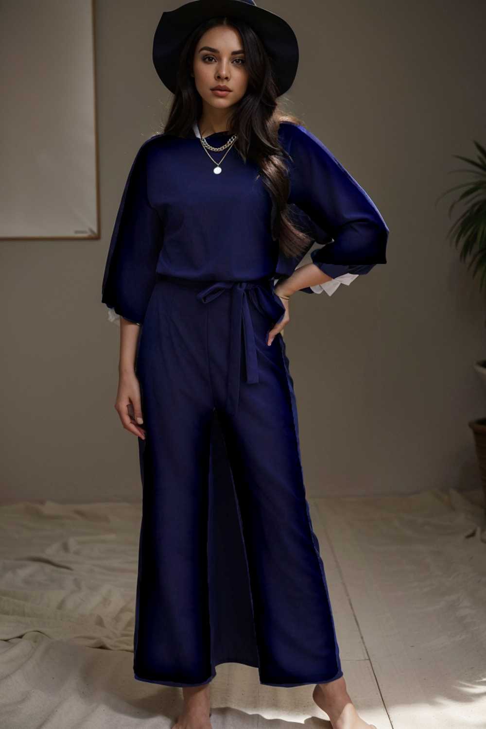 solid five point sleeve belted wide leg jumpsuit 107985