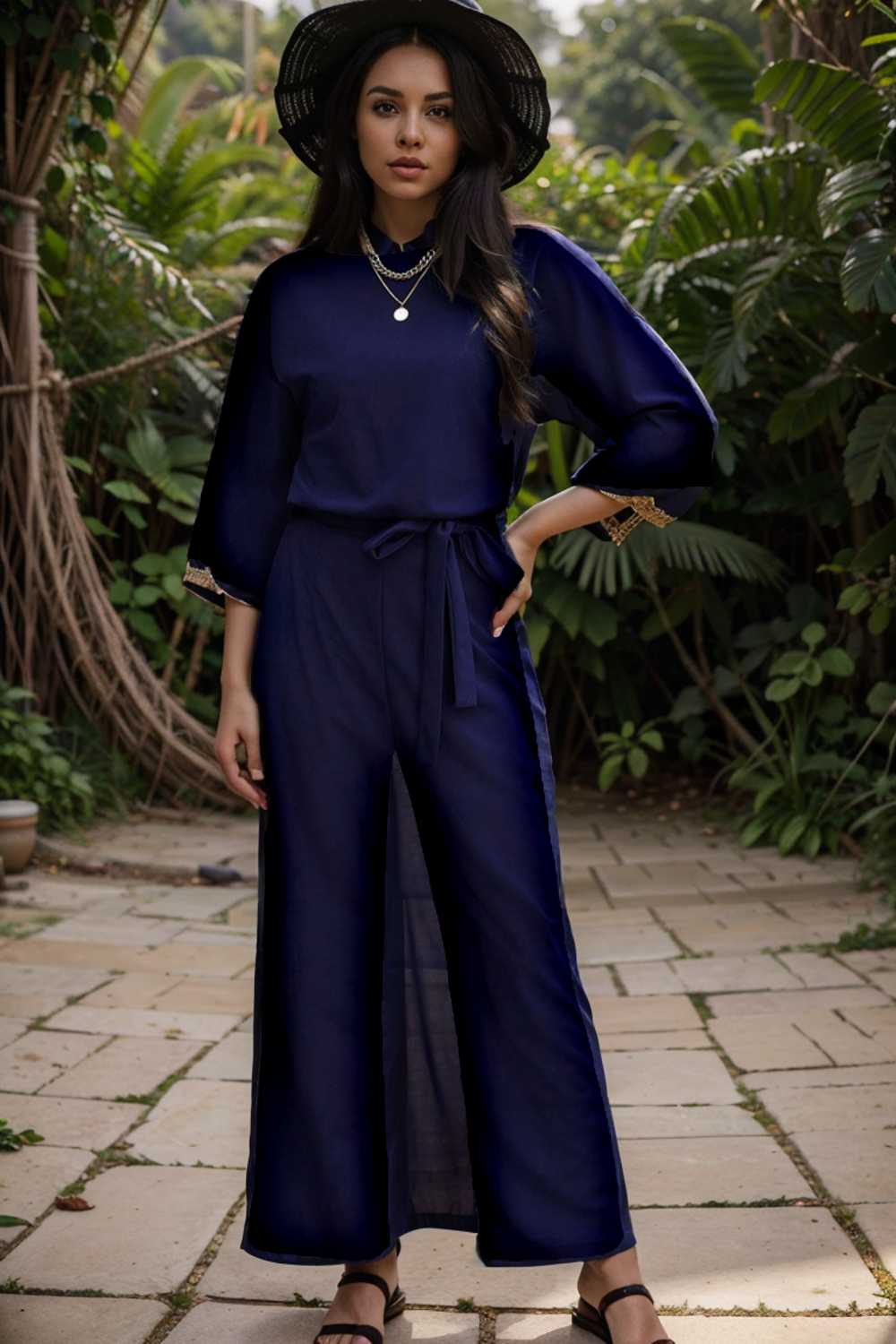 solid five point sleeve belted wide leg jumpsuit 107984