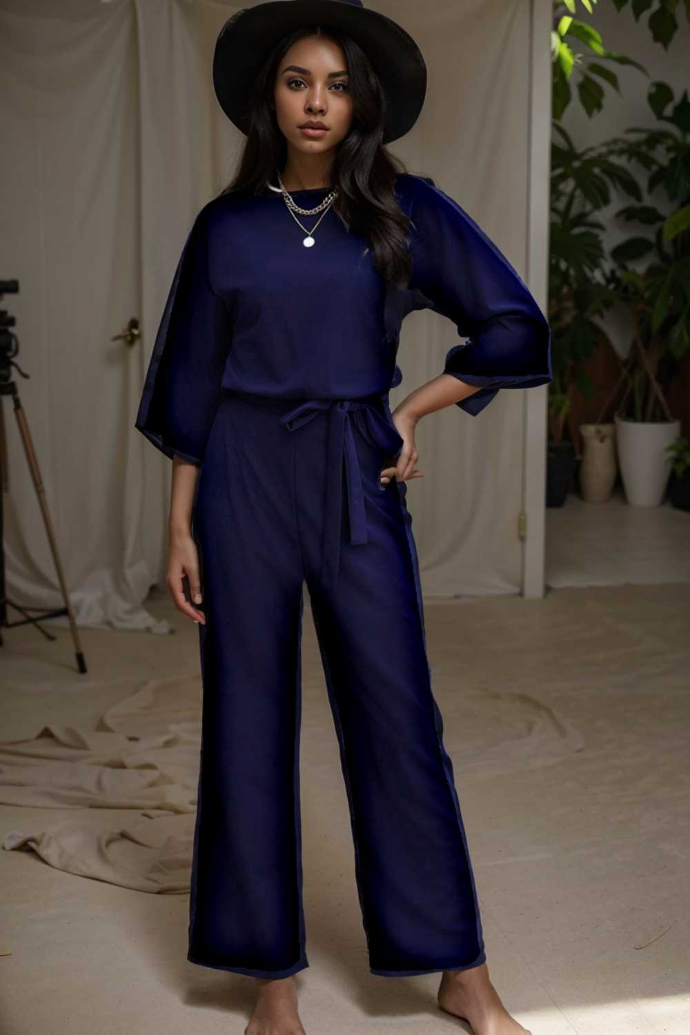 solid five point sleeve belted wide leg jumpsuit 107983