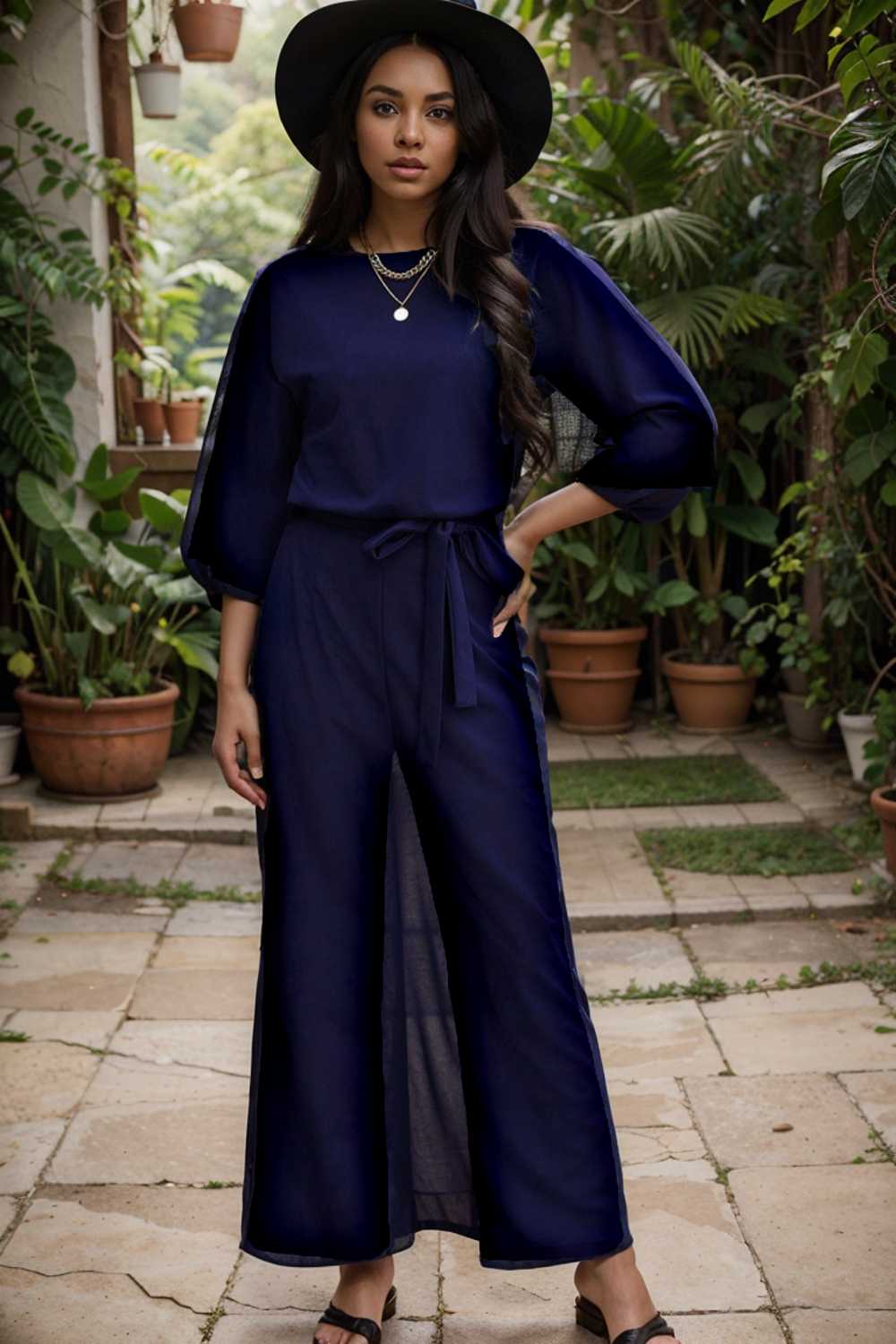 solid five point sleeve belted wide leg jumpsuit 107982