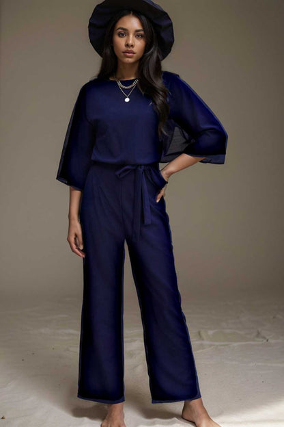 solid five point sleeve belted wide leg jumpsuit 107980