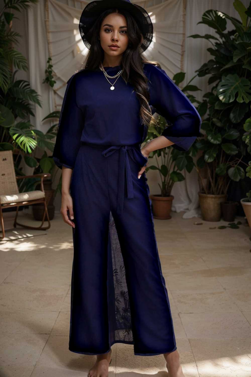 solid five point sleeve belted wide leg jumpsuit 107979