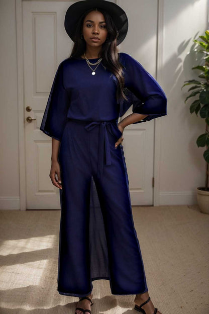 solid five point sleeve belted wide leg jumpsuit 107978