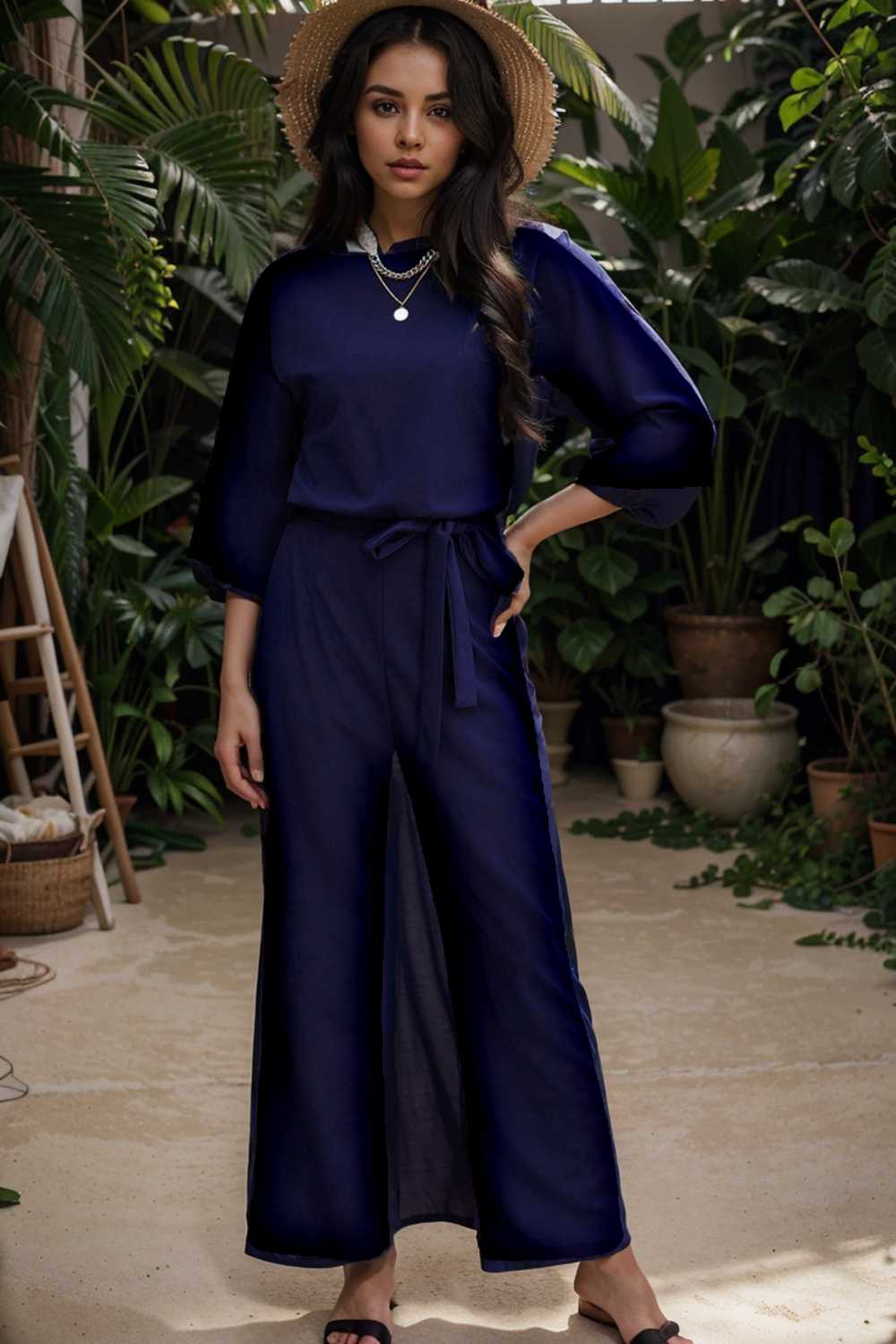 solid five point sleeve belted wide leg jumpsuit 107977