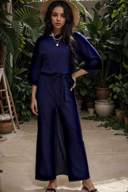 solid five point sleeve belted wide leg jumpsuit 107977
