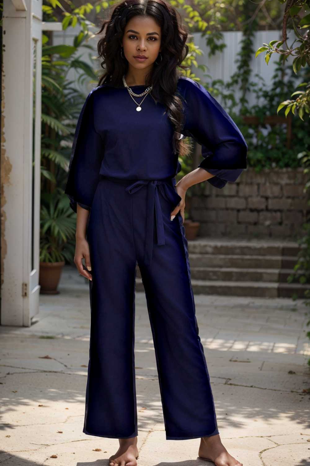 solid five point sleeve belted wide leg jumpsuit 107976