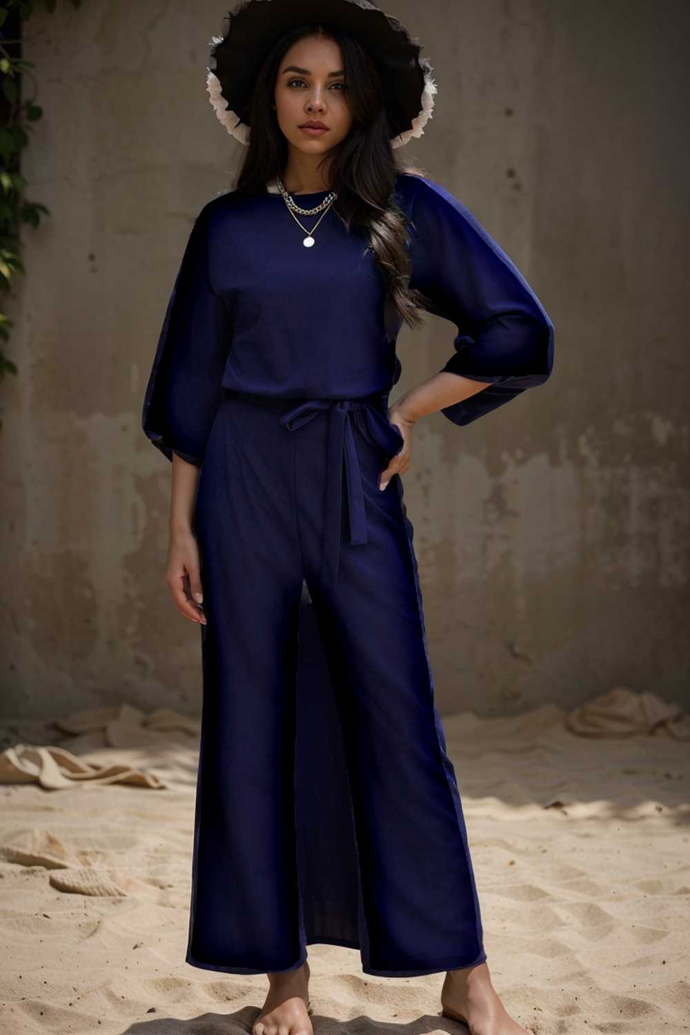 solid five point sleeve belted wide leg jumpsuit 107975
