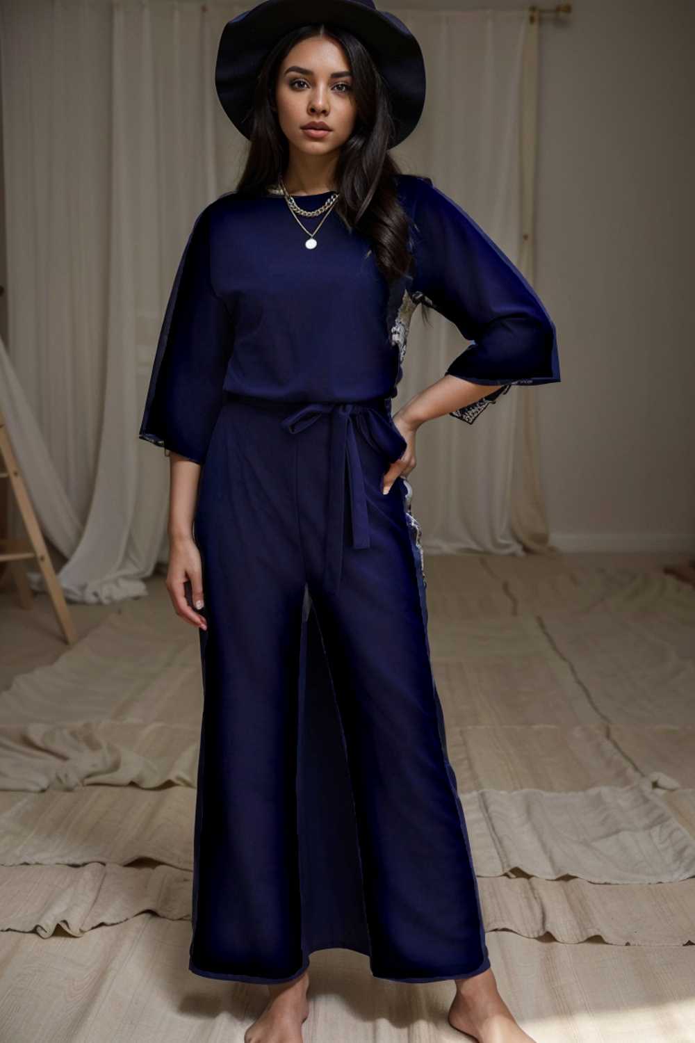 solid five point sleeve belted wide leg jumpsuit 107974