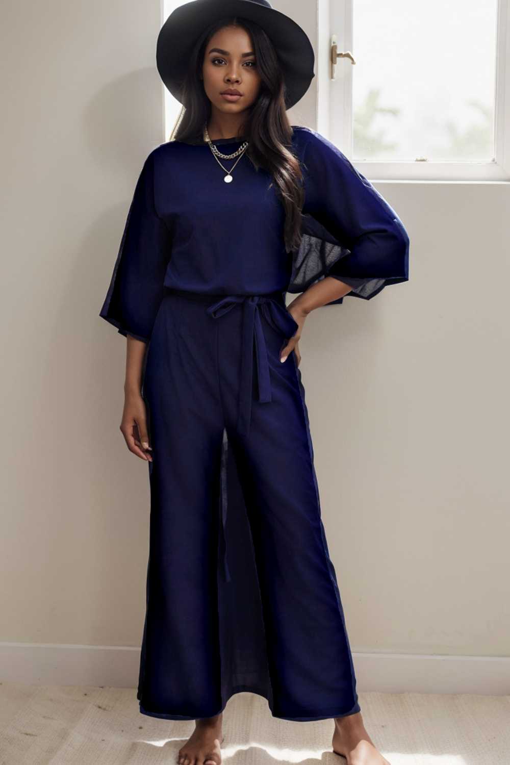 solid five point sleeve belted wide leg jumpsuit 107973