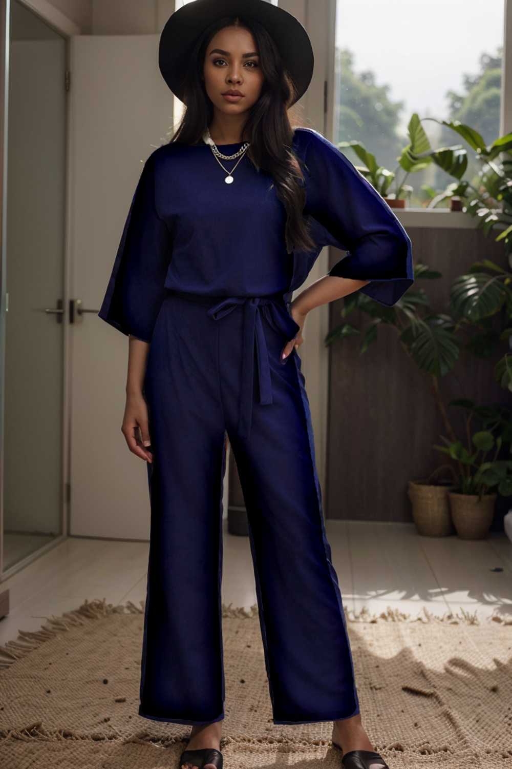 solid five point sleeve belted wide leg jumpsuit 107972