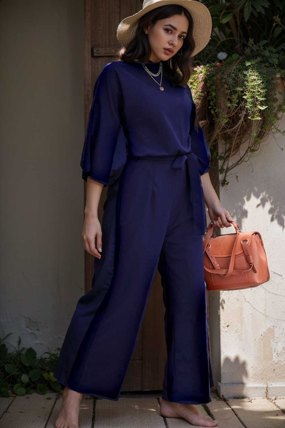 solid five point sleeve belted wide leg jumpsuit 107970