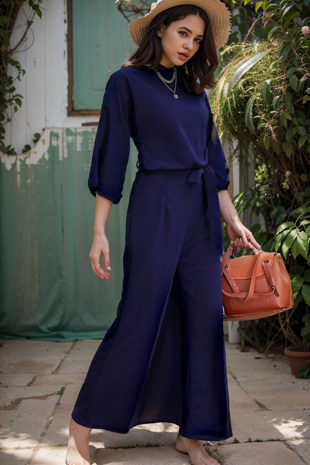 solid five point sleeve belted wide leg jumpsuit 107969