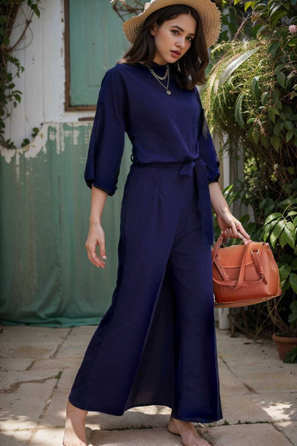 solid five point sleeve belted wide leg jumpsuit 107969