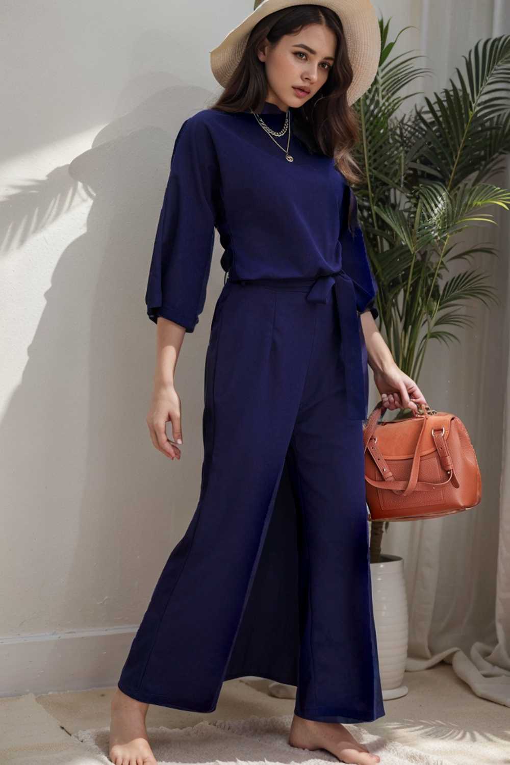 solid five point sleeve belted wide leg jumpsuit 107968
