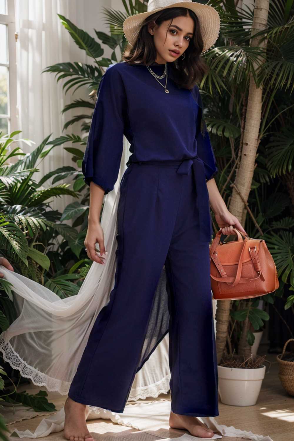 solid five point sleeve belted wide leg jumpsuit 107967