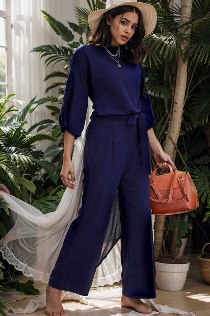 solid five point sleeve belted wide leg jumpsuit 107967