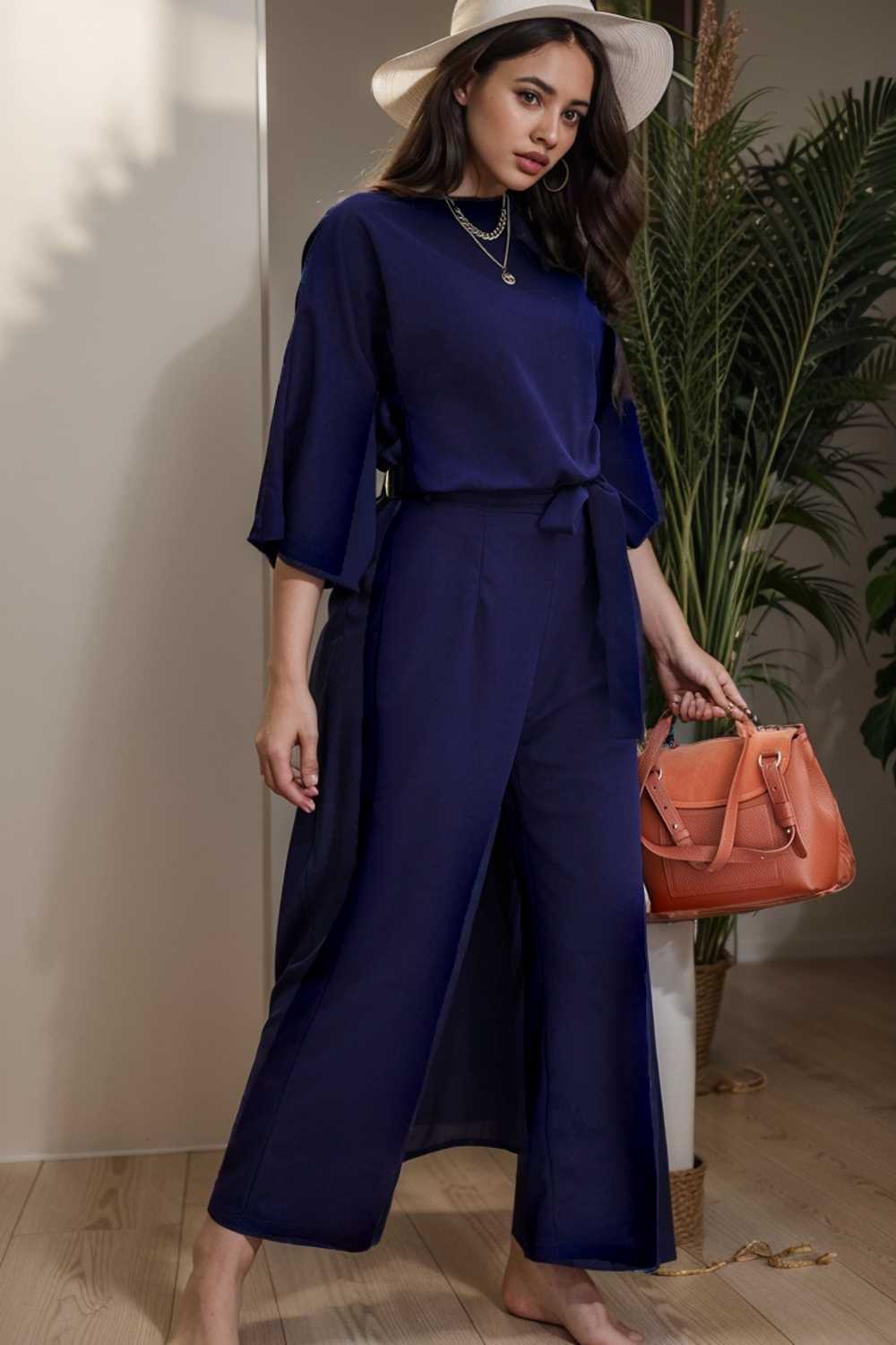 solid five point sleeve belted wide leg jumpsuit 107966