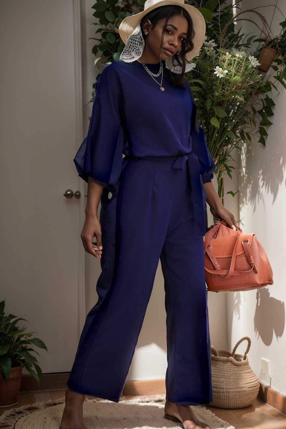 solid five point sleeve belted wide leg jumpsuit 107963