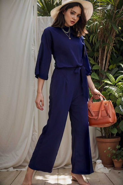 solid five point sleeve belted wide leg jumpsuit 107936